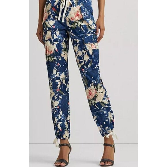Ralph Lauren Pants Womens Shantung Floral Cargo Ankle-length Size 14 Navy Blue - Picture 1 of 14